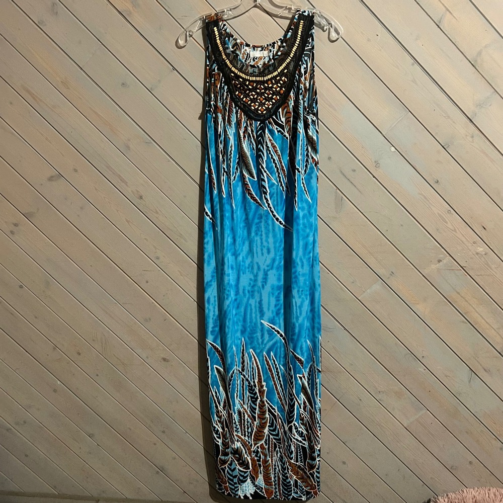 Julie Womens Blue Brown Feather Print Beaded Neckline Sleeveless Maxi Dress XL